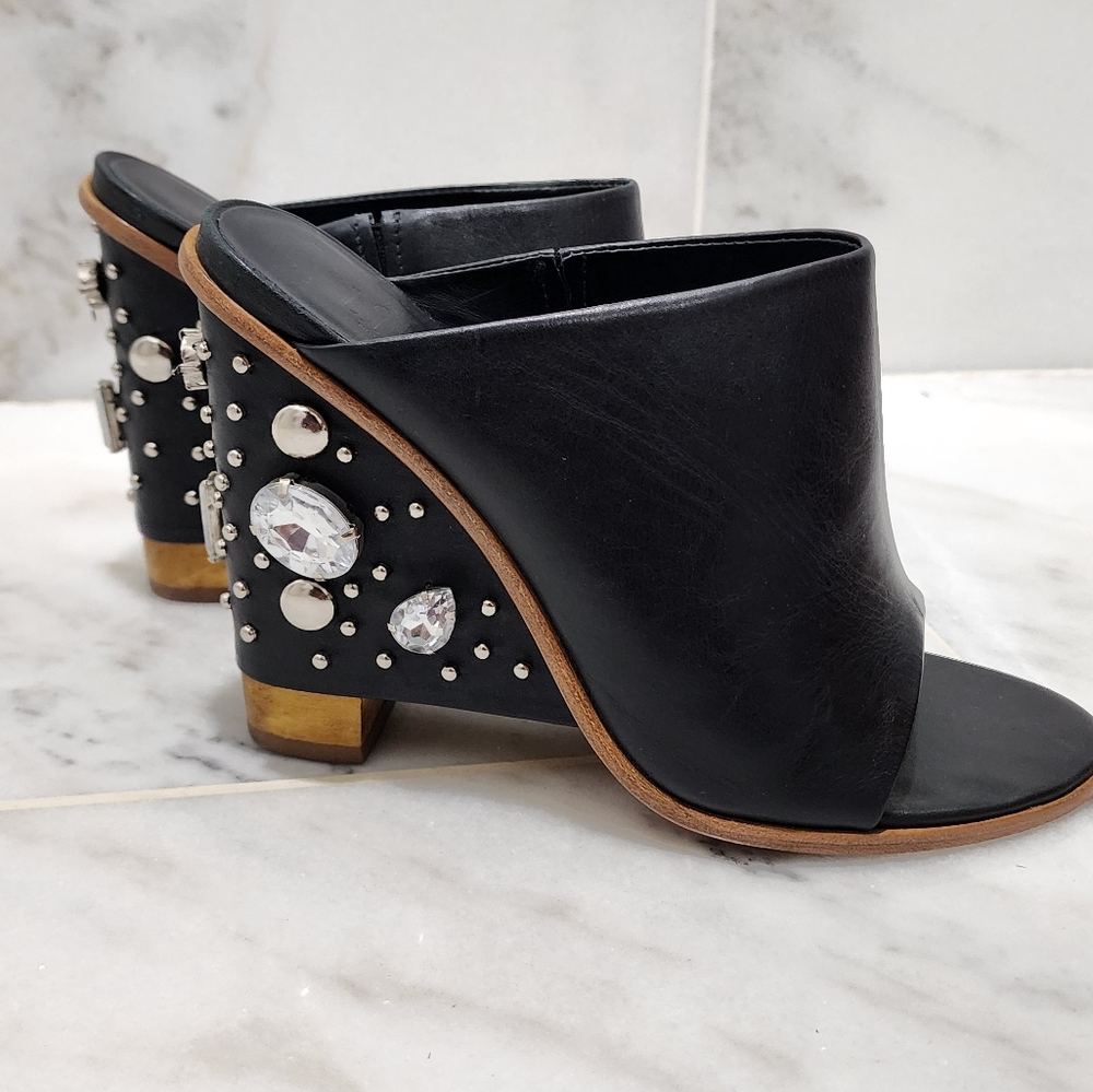 Tibi Britt Mules Black Leather Jeweled Studded Wedge 38 Open Toe - Picture 8 of 16